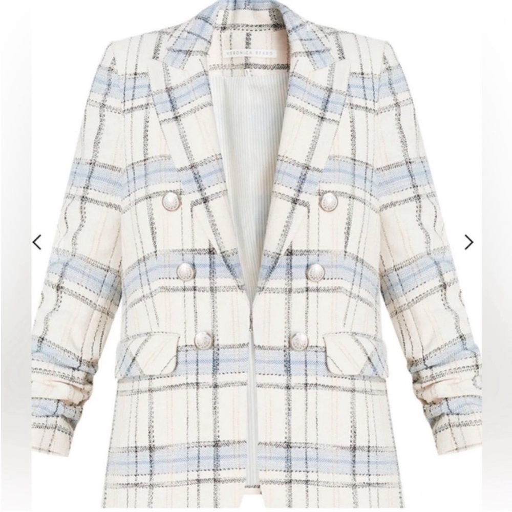 $698 Veronica Beard Beacon Dickey Plaid Tweed Jacket light baby blue ivory sz 8
